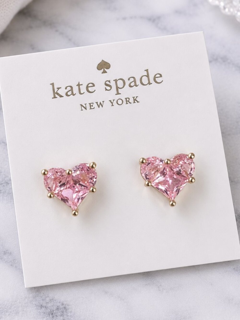 Kate Spade Pink Crystal Heart Stud Earrings Gold Romantic Coquette Earrings